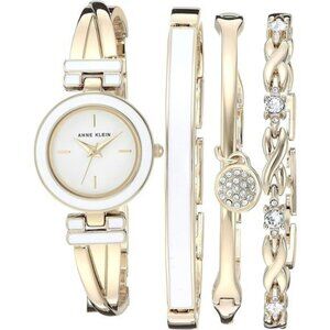 Womens Gold Bangle Watch Set with Crystal Accent Bracelets Quartz Jewelry